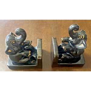Vtg MCM ceramic elephant bookends black and gold